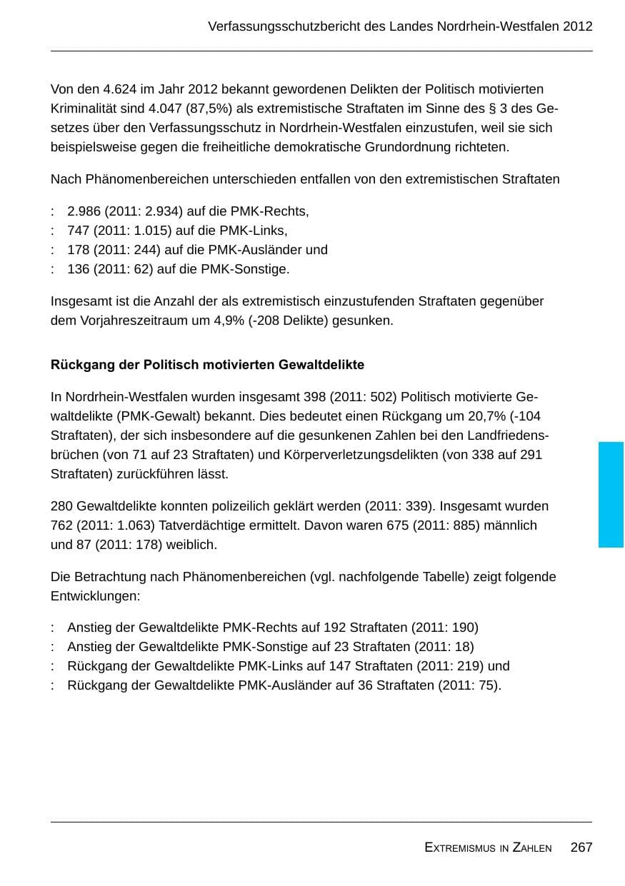 Seite 269 des Verfassungsschutzbericht 2012 Nordrhein-Westfalen