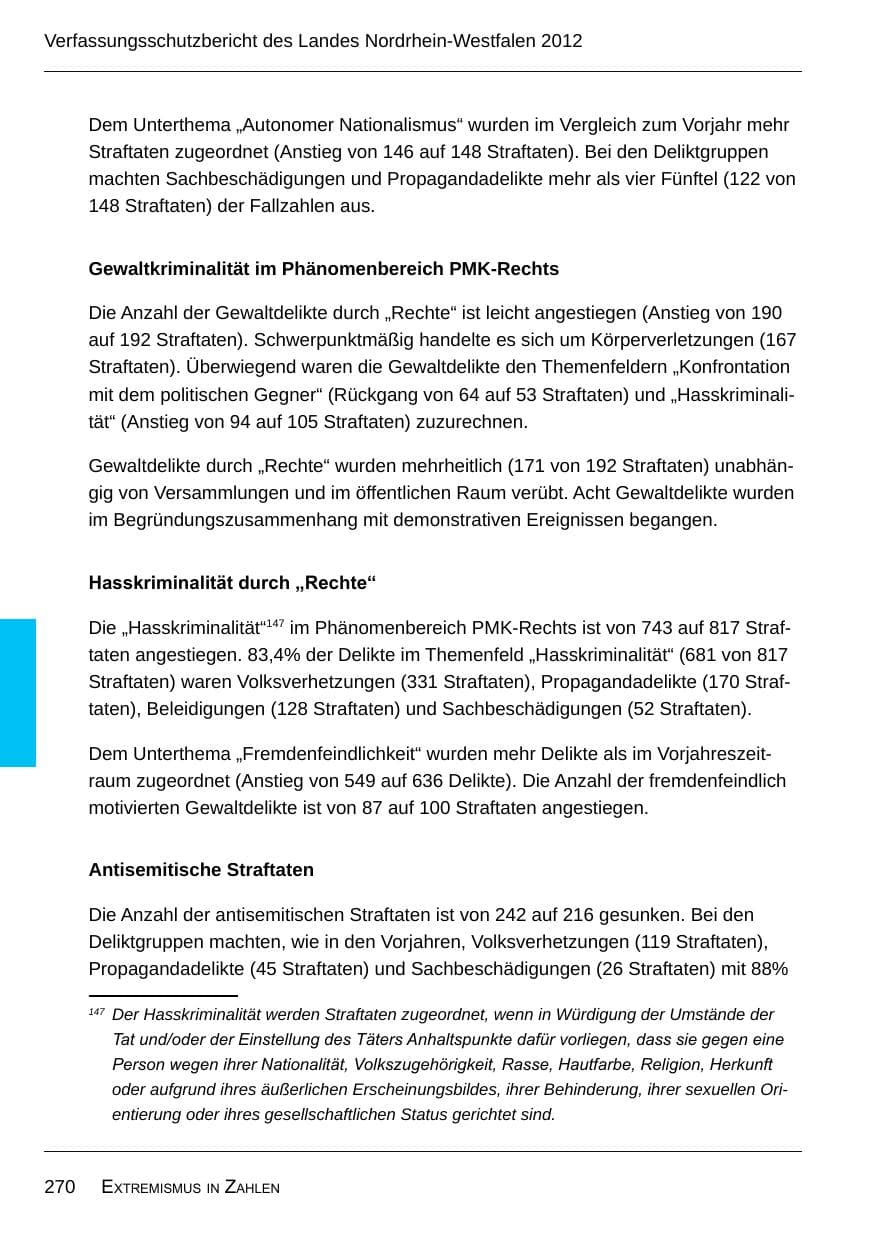 Seite 272 des Verfassungsschutzbericht 2012 Nordrhein-Westfalen