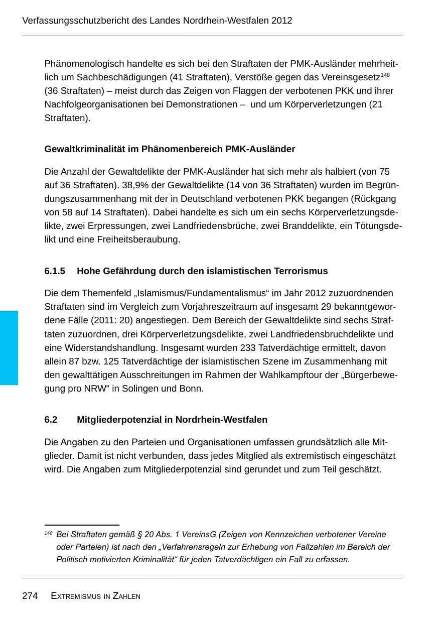 Seite 276 des Verfassungsschutzbericht 2012 Nordrhein-Westfalen