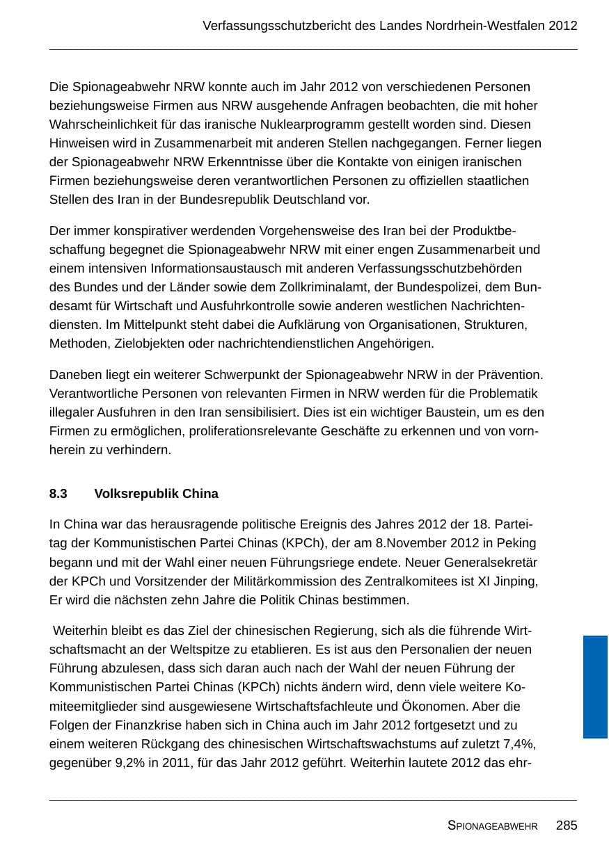 Seite 287 des Verfassungsschutzbericht 2012 Nordrhein-Westfalen