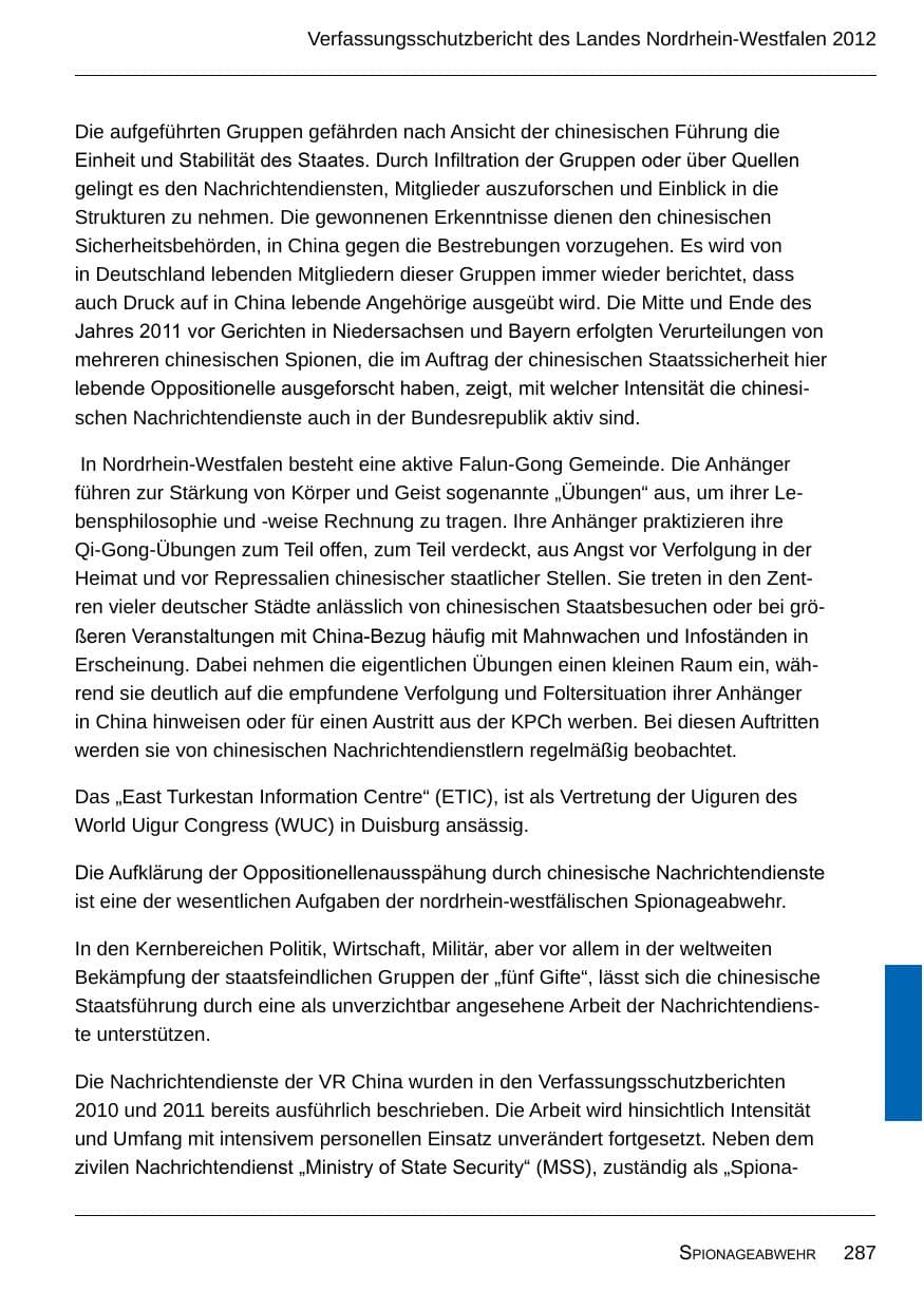 Seite 289 des Verfassungsschutzbericht 2012 Nordrhein-Westfalen