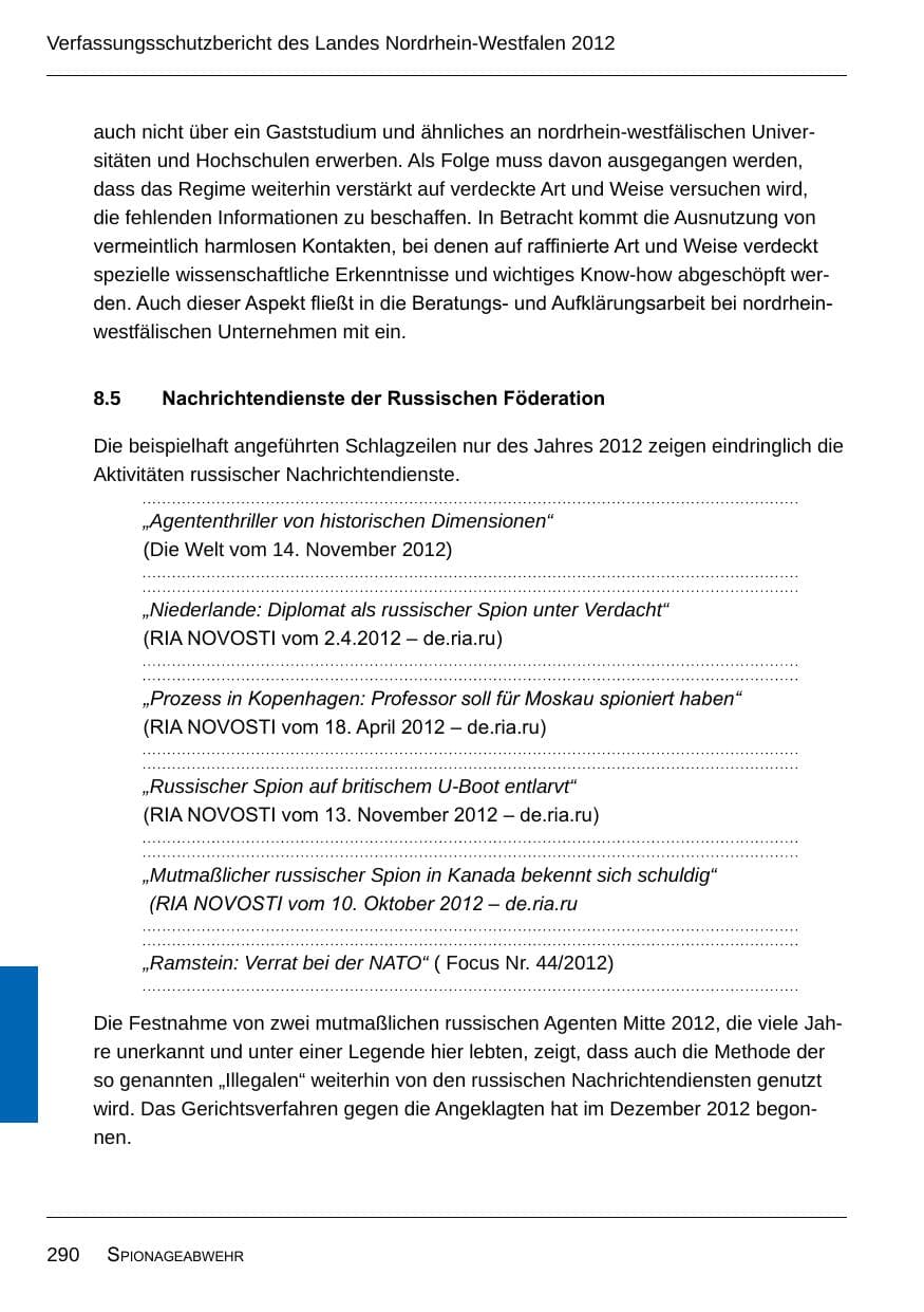 Seite 292 des Verfassungsschutzbericht 2012 Nordrhein-Westfalen
