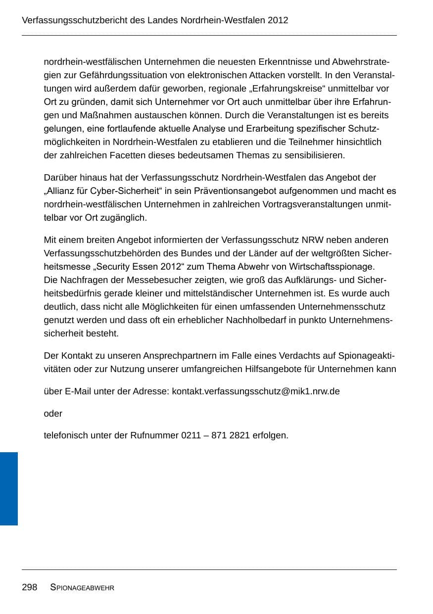 Seite 300 des Verfassungsschutzbericht 2012 Nordrhein-Westfalen