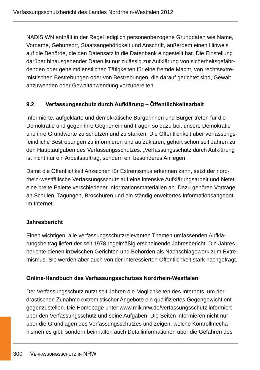 Seite 302 des Verfassungsschutzbericht 2012 Nordrhein-Westfalen