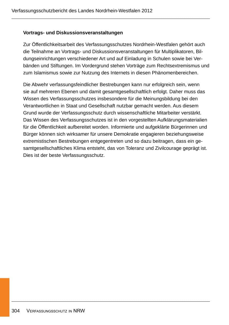 Seite 306 des Verfassungsschutzbericht 2012 Nordrhein-Westfalen