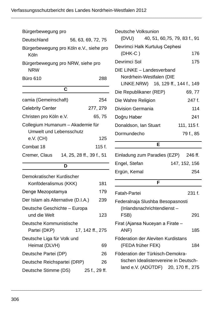 Seite 308 des Verfassungsschutzbericht 2012 Nordrhein-Westfalen