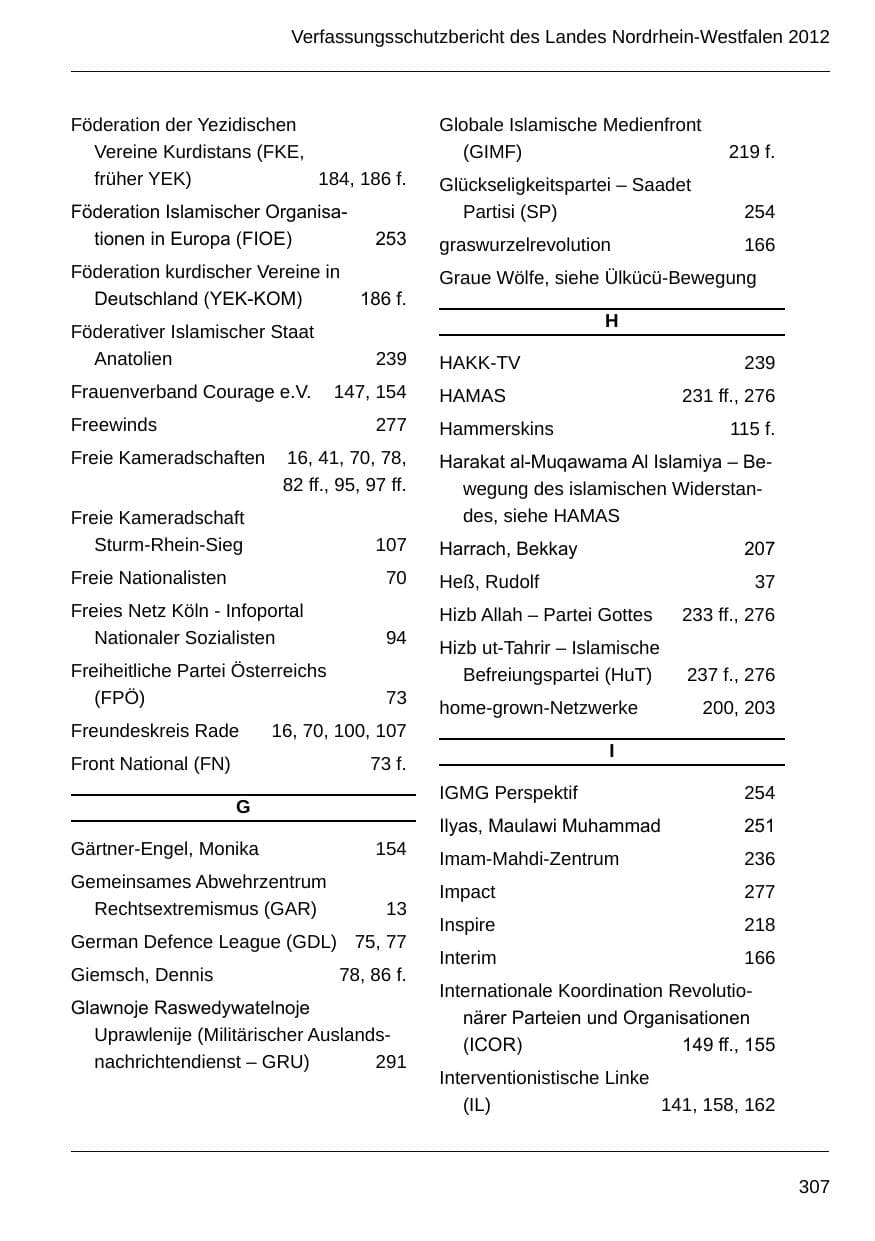 Seite 309 des Verfassungsschutzbericht 2012 Nordrhein-Westfalen