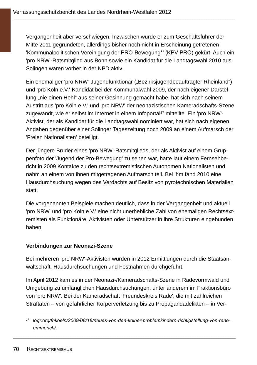 Seite 72 des Verfassungsschutzbericht 2012 Nordrhein-Westfalen