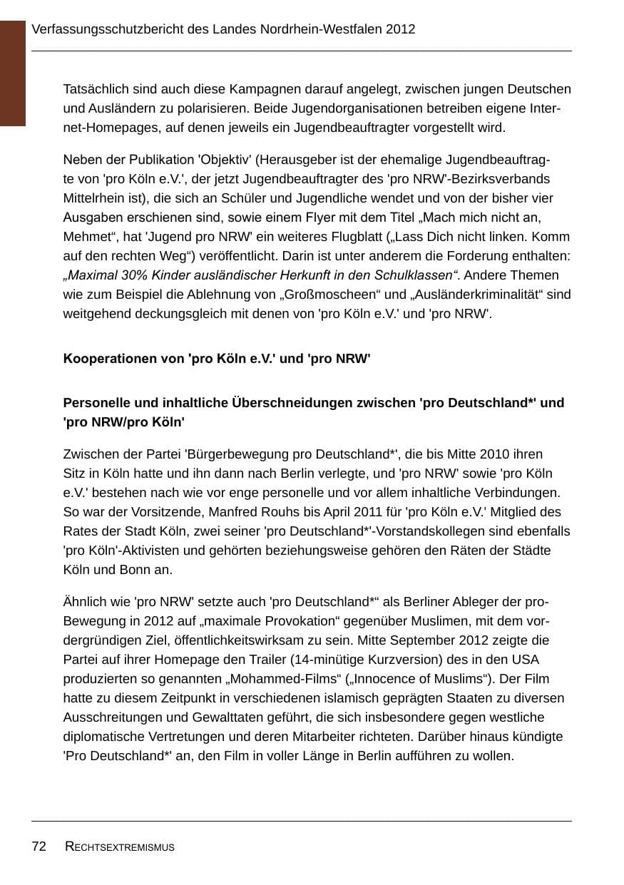 Seite 74 des Verfassungsschutzbericht 2012 Nordrhein-Westfalen