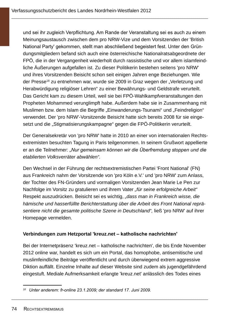 Seite 76 des Verfassungsschutzbericht 2012 Nordrhein-Westfalen