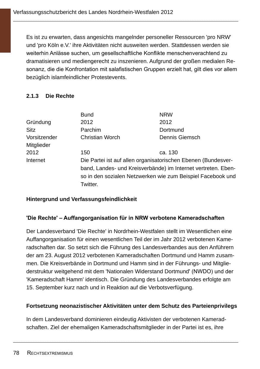 Seite 80 des Verfassungsschutzbericht 2012 Nordrhein-Westfalen