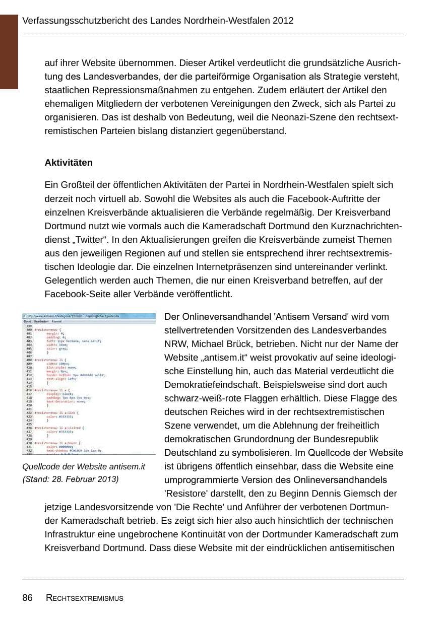 Seite 88 des Verfassungsschutzbericht 2012 Nordrhein-Westfalen