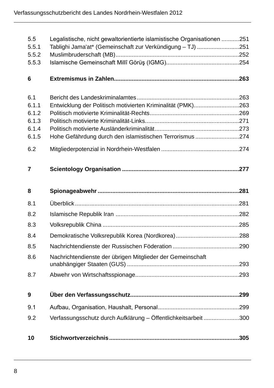 Seite 10 des Verfassungsschutzbericht 2012 Nordrhein-Westfalen