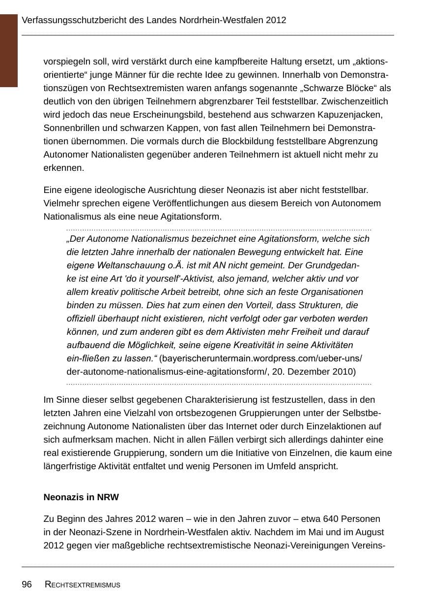 Seite 98 des Verfassungsschutzbericht 2012 Nordrhein-Westfalen