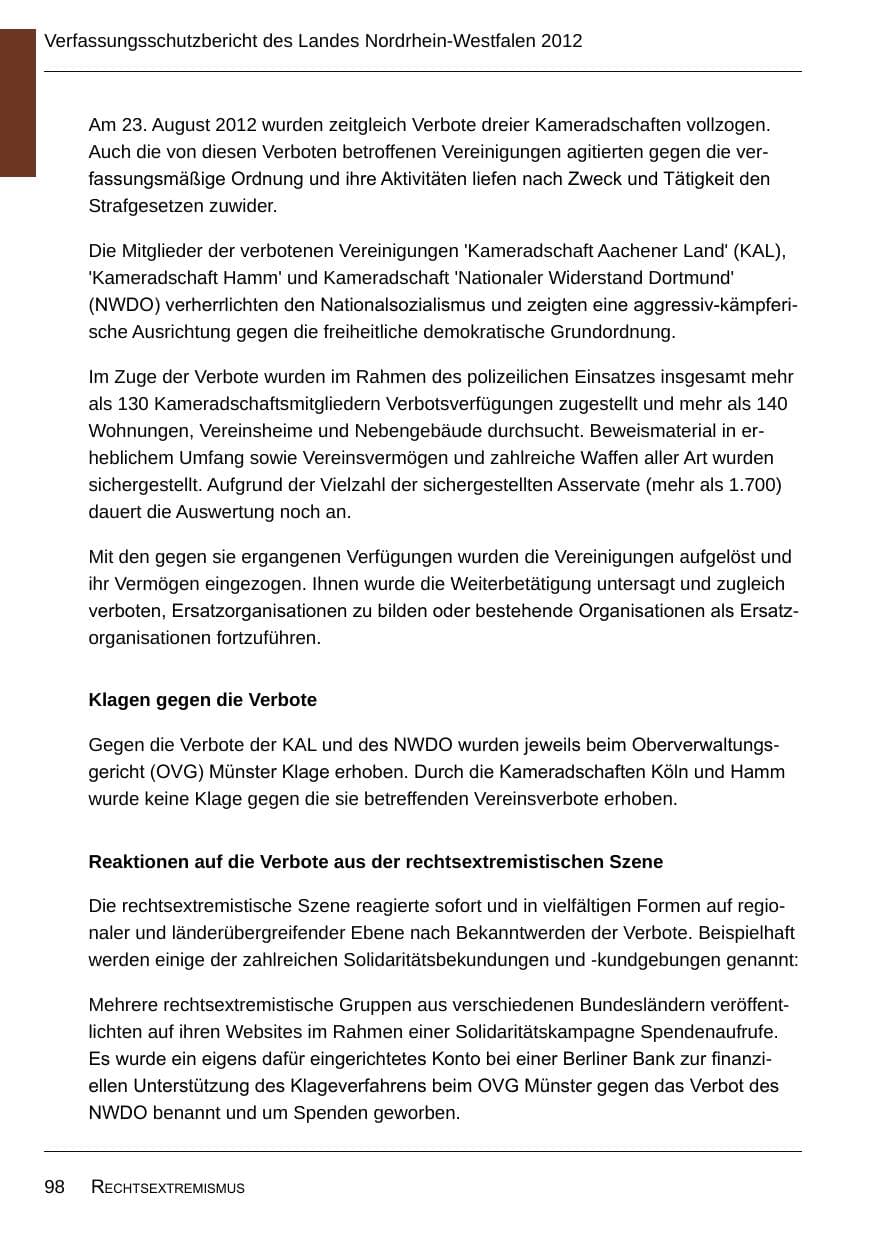 Seite 100 des Verfassungsschutzbericht 2012 Nordrhein-Westfalen