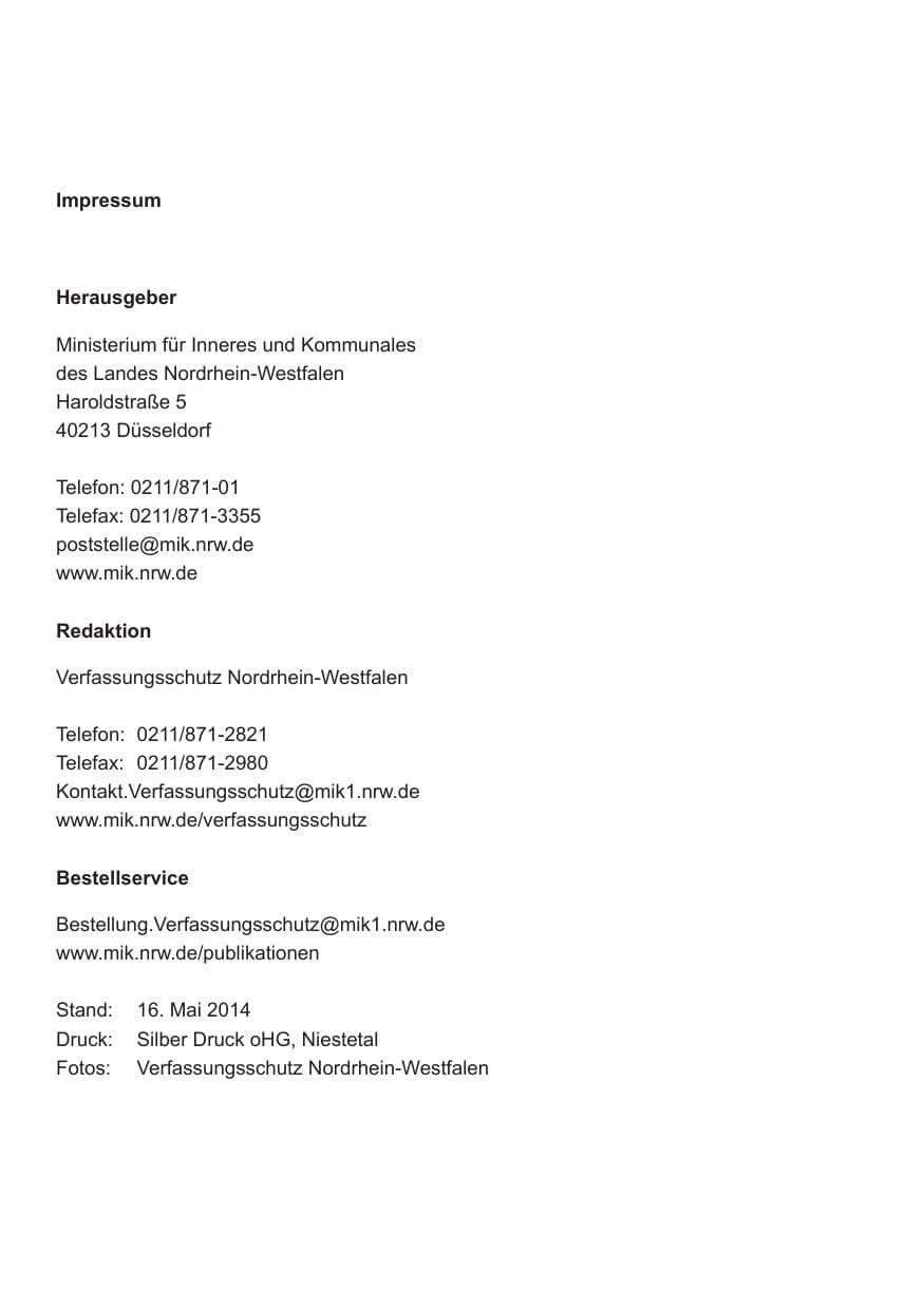 Seite 2 des Verfassungsschutzbericht 2013 Nordrhein-Westfalen