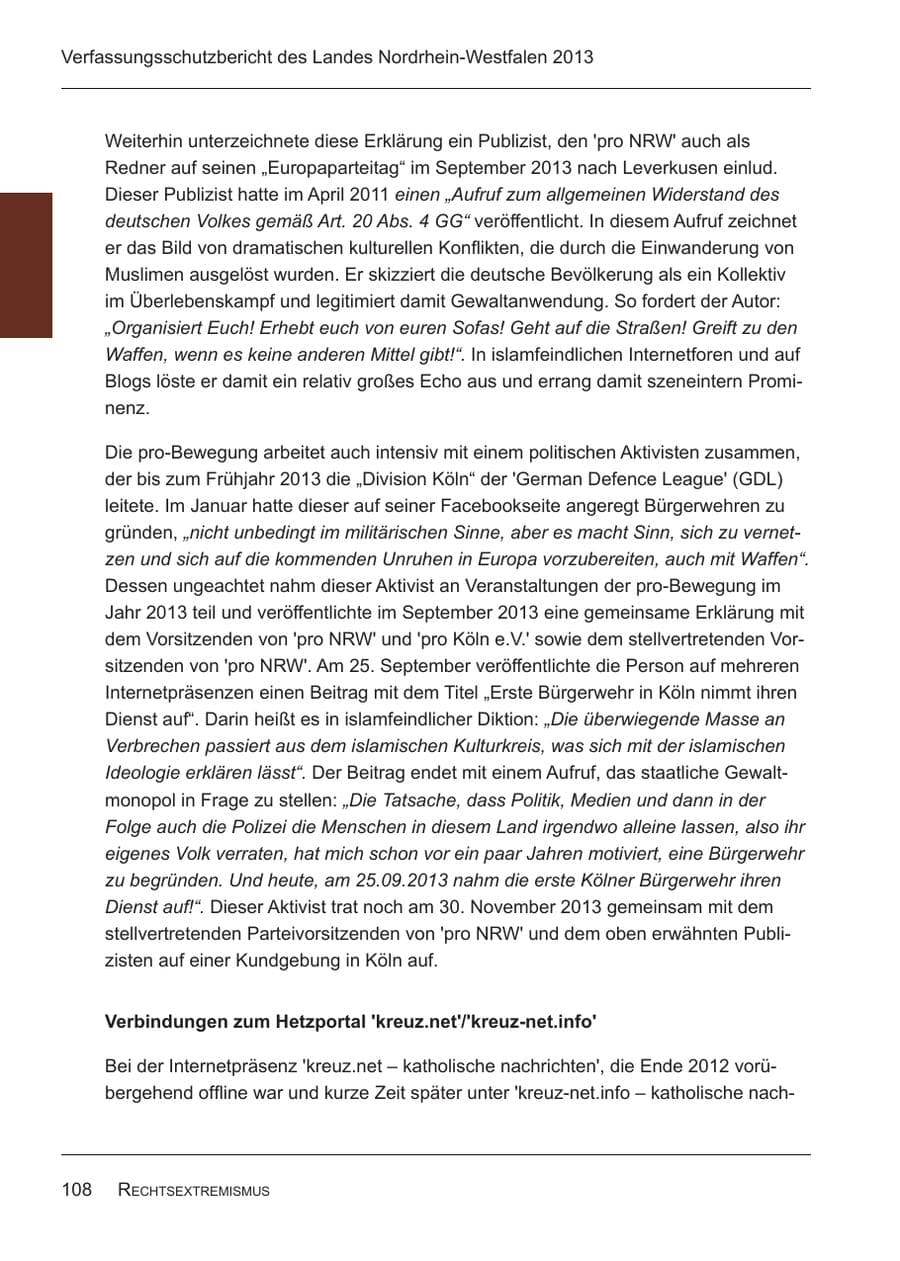 Seite 110 des Verfassungsschutzbericht 2013 Nordrhein-Westfalen