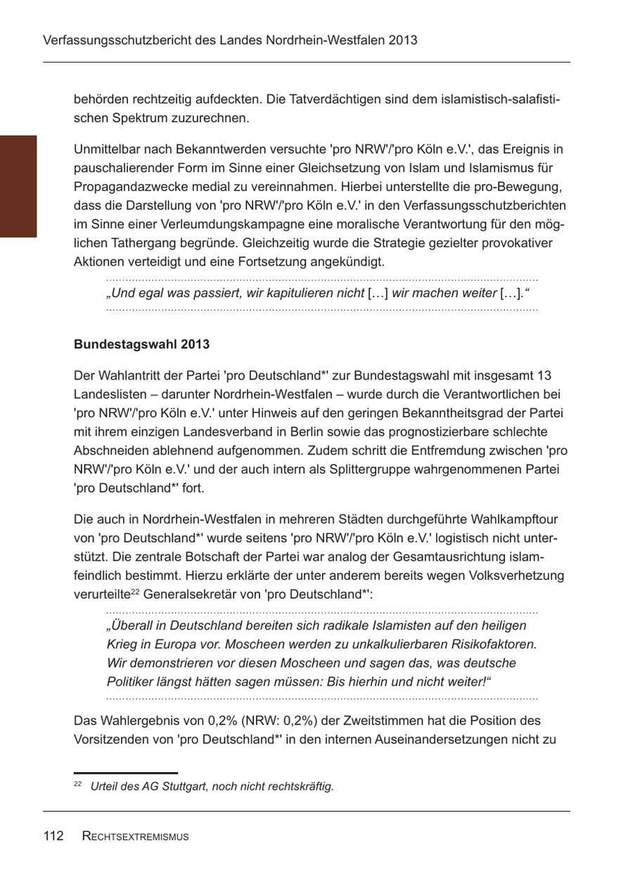 Seite 114 des Verfassungsschutzbericht 2013 Nordrhein-Westfalen