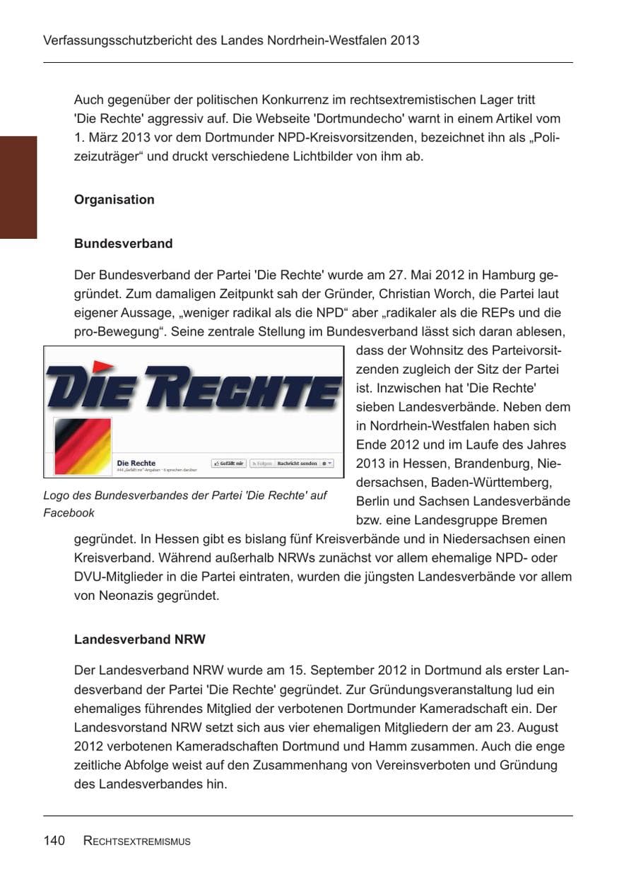 Seite 142 des Verfassungsschutzbericht 2013 Nordrhein-Westfalen