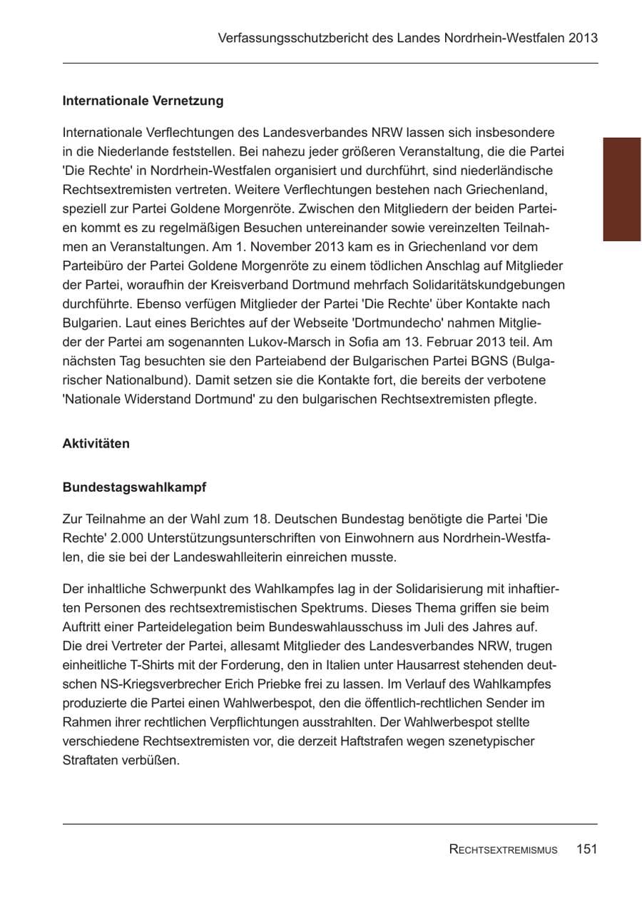 Seite 153 des Verfassungsschutzbericht 2013 Nordrhein-Westfalen