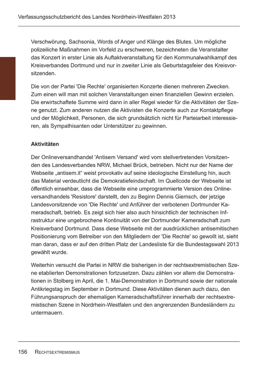Seite 158 des Verfassungsschutzbericht 2013 Nordrhein-Westfalen