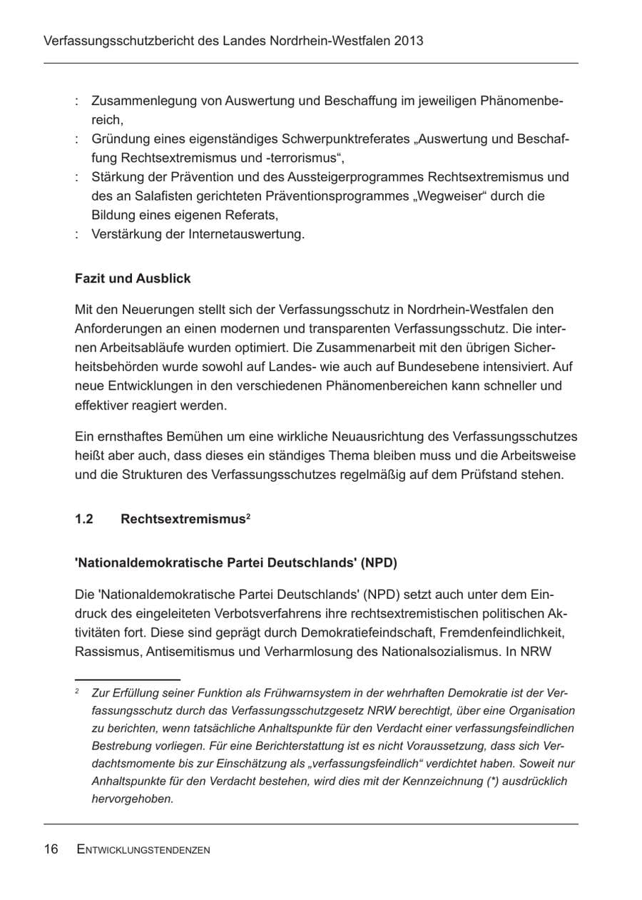 Seite 18 des Verfassungsschutzbericht 2013 Nordrhein-Westfalen