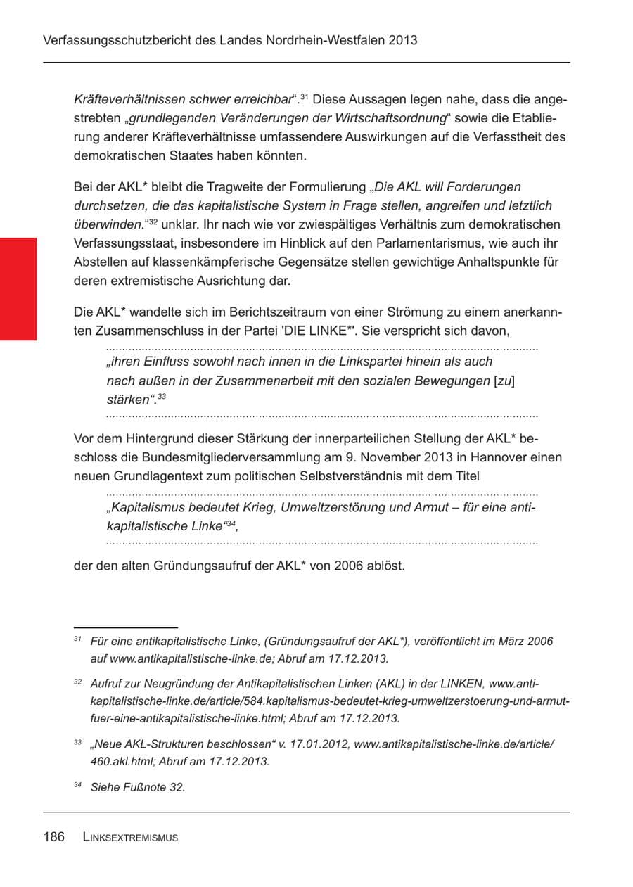 Seite 188 des Verfassungsschutzbericht 2013 Nordrhein-Westfalen
