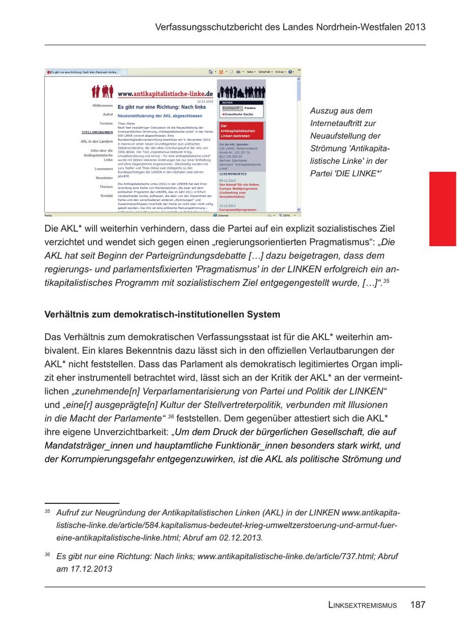 Seite 189 des Verfassungsschutzbericht 2013 Nordrhein-Westfalen