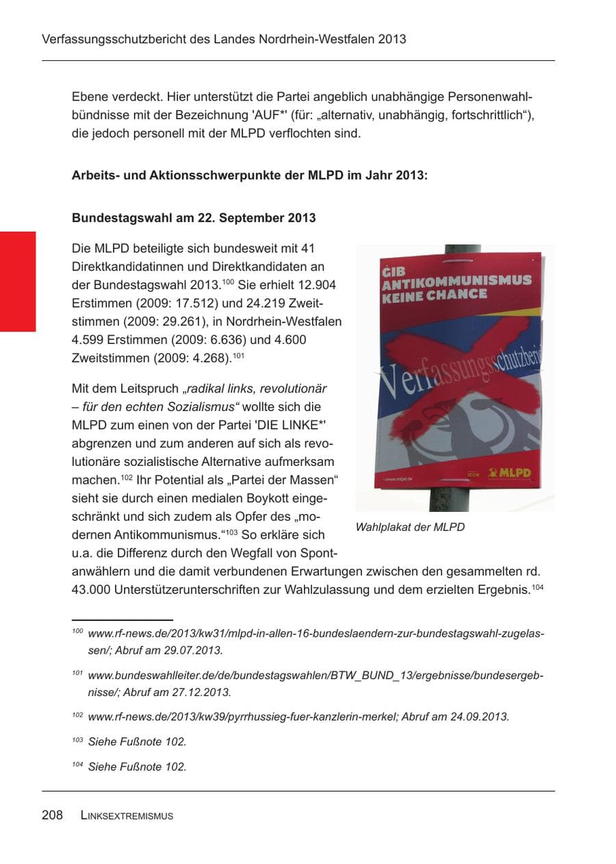 Seite 210 des Verfassungsschutzbericht 2013 Nordrhein-Westfalen