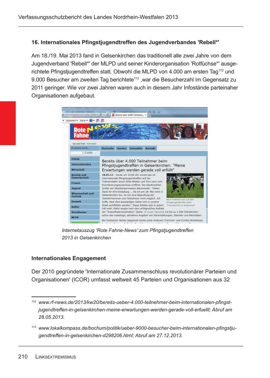 Seite 212 des Verfassungsschutzbericht 2013 Nordrhein-Westfalen