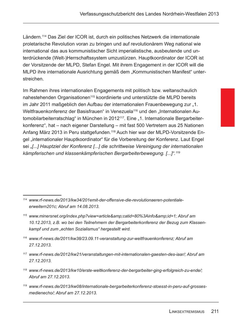 Seite 213 des Verfassungsschutzbericht 2013 Nordrhein-Westfalen