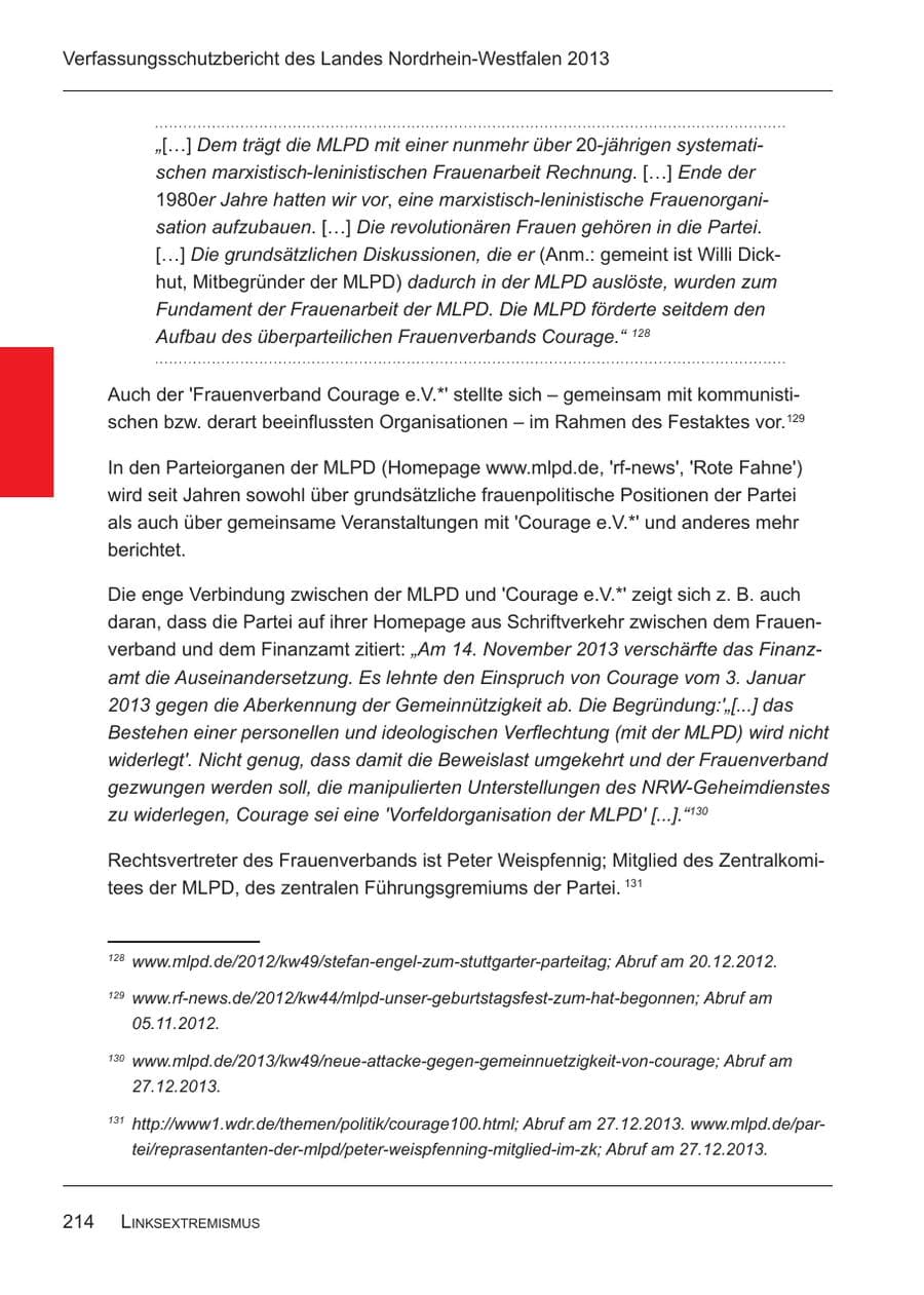 Seite 216 des Verfassungsschutzbericht 2013 Nordrhein-Westfalen