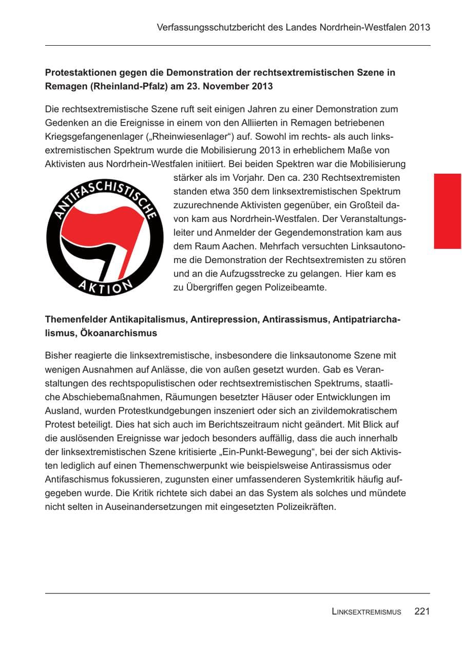 Seite 223 des Verfassungsschutzbericht 2013 Nordrhein-Westfalen