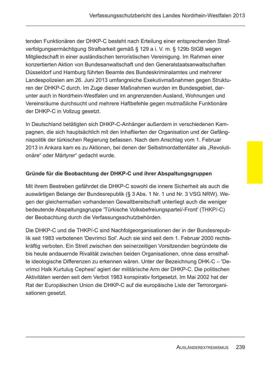 Seite 241 des Verfassungsschutzbericht 2013 Nordrhein-Westfalen