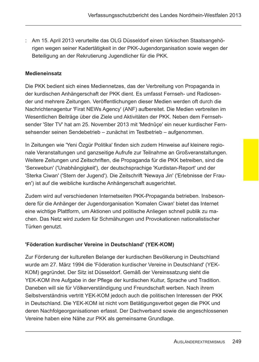 Seite 251 des Verfassungsschutzbericht 2013 Nordrhein-Westfalen
