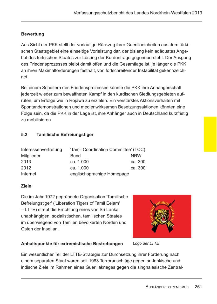 Seite 253 des Verfassungsschutzbericht 2013 Nordrhein-Westfalen