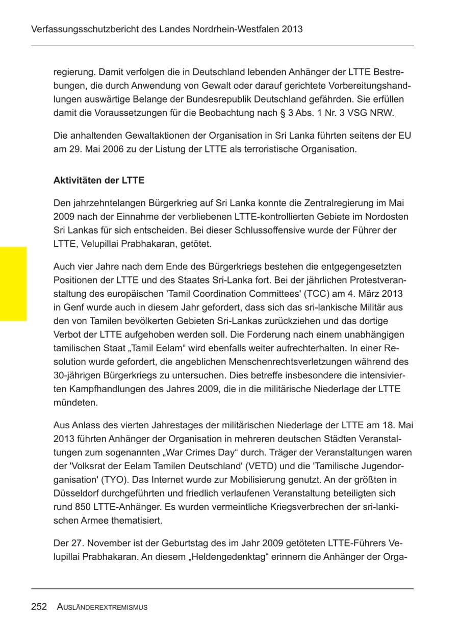 Seite 254 des Verfassungsschutzbericht 2013 Nordrhein-Westfalen