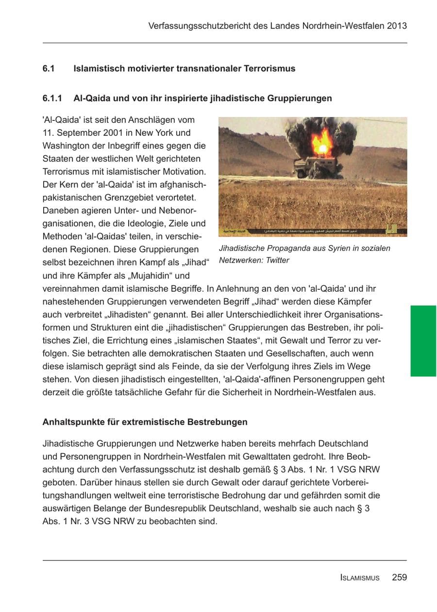 Seite 261 des Verfassungsschutzbericht 2013 Nordrhein-Westfalen