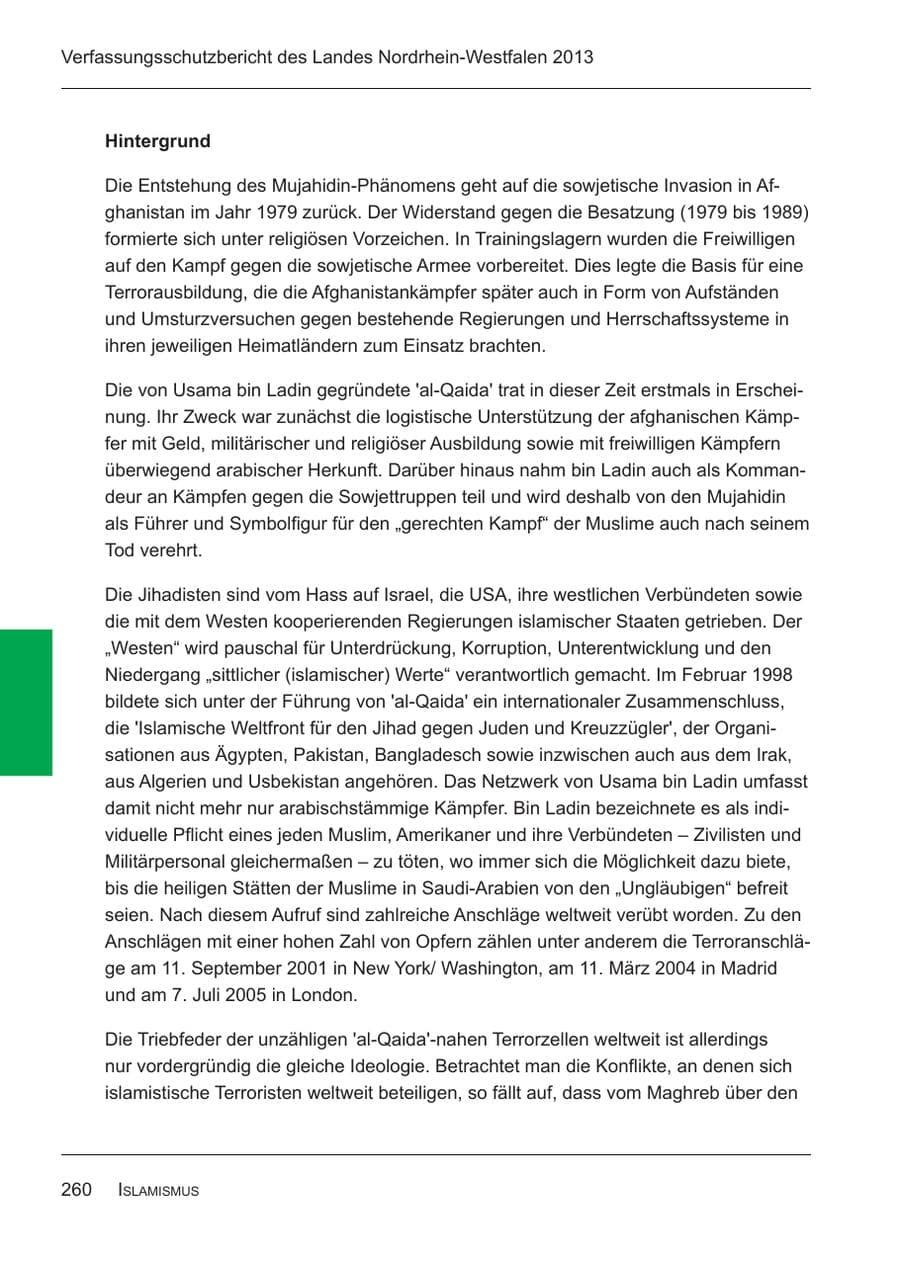Seite 262 des Verfassungsschutzbericht 2013 Nordrhein-Westfalen
