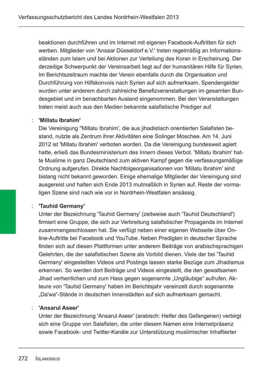Seite 274 des Verfassungsschutzbericht 2013 Nordrhein-Westfalen