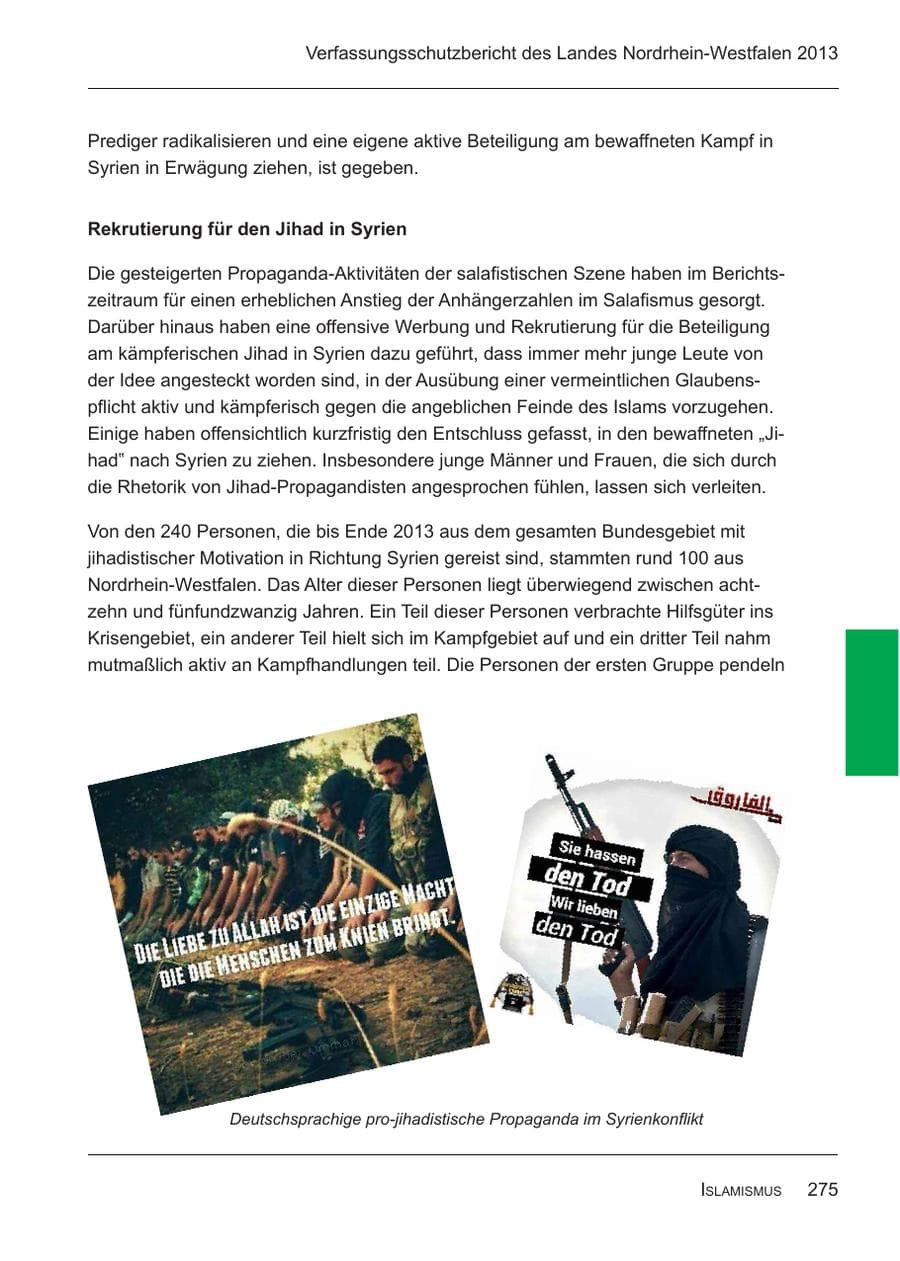 Seite 277 des Verfassungsschutzbericht 2013 Nordrhein-Westfalen
