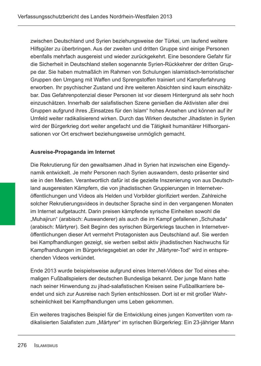 Seite 278 des Verfassungsschutzbericht 2013 Nordrhein-Westfalen