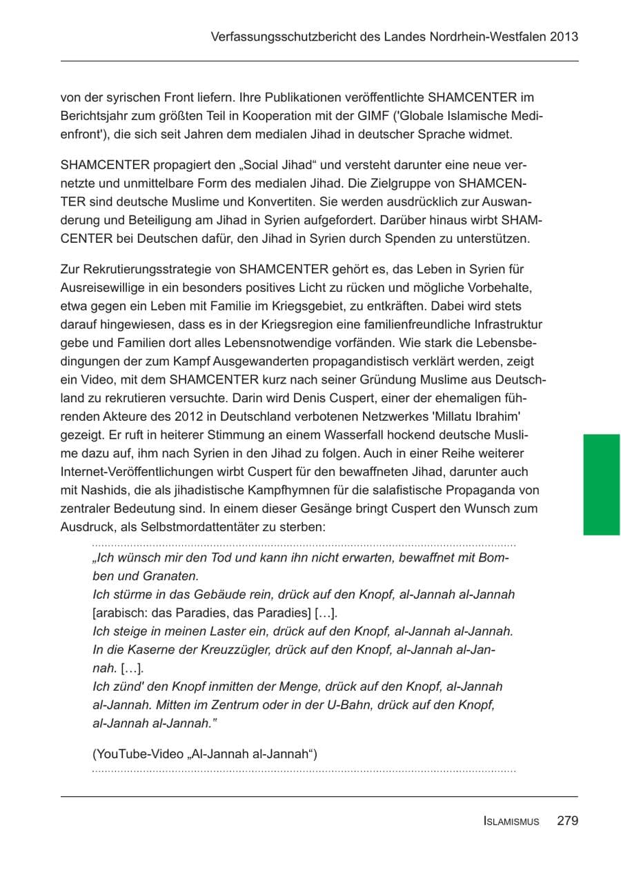 Seite 281 des Verfassungsschutzbericht 2013 Nordrhein-Westfalen