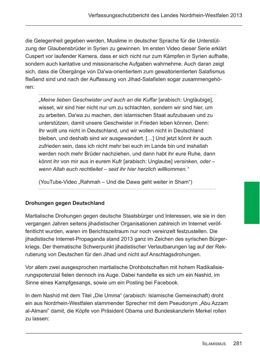 Seite 283 des Verfassungsschutzbericht 2013 Nordrhein-Westfalen