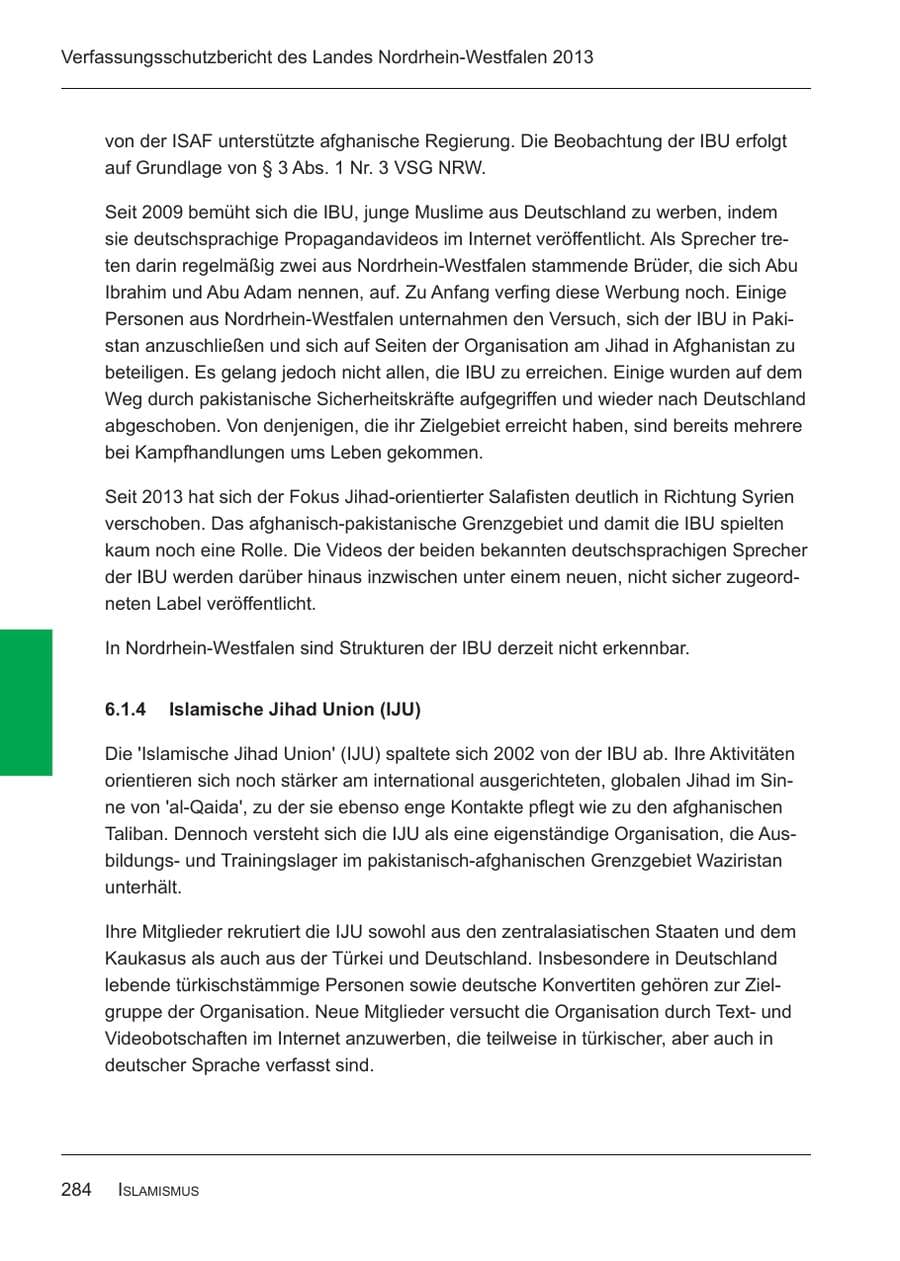 Seite 286 des Verfassungsschutzbericht 2013 Nordrhein-Westfalen