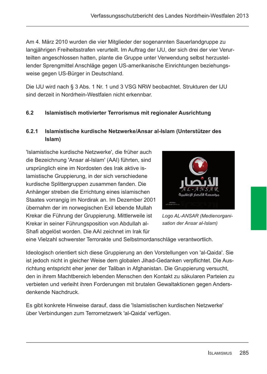 Seite 287 des Verfassungsschutzbericht 2013 Nordrhein-Westfalen