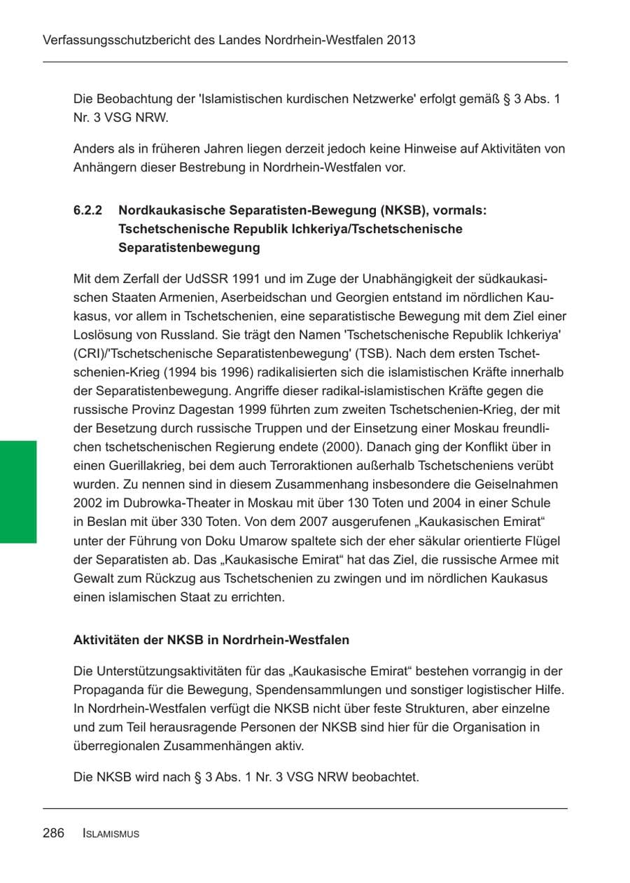 Seite 288 des Verfassungsschutzbericht 2013 Nordrhein-Westfalen
