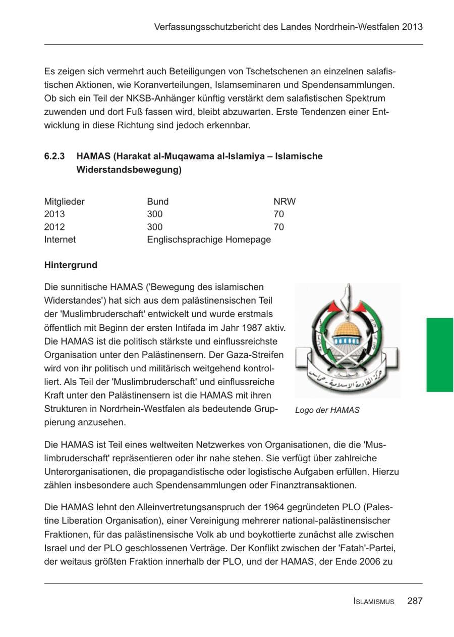 Seite 289 des Verfassungsschutzbericht 2013 Nordrhein-Westfalen