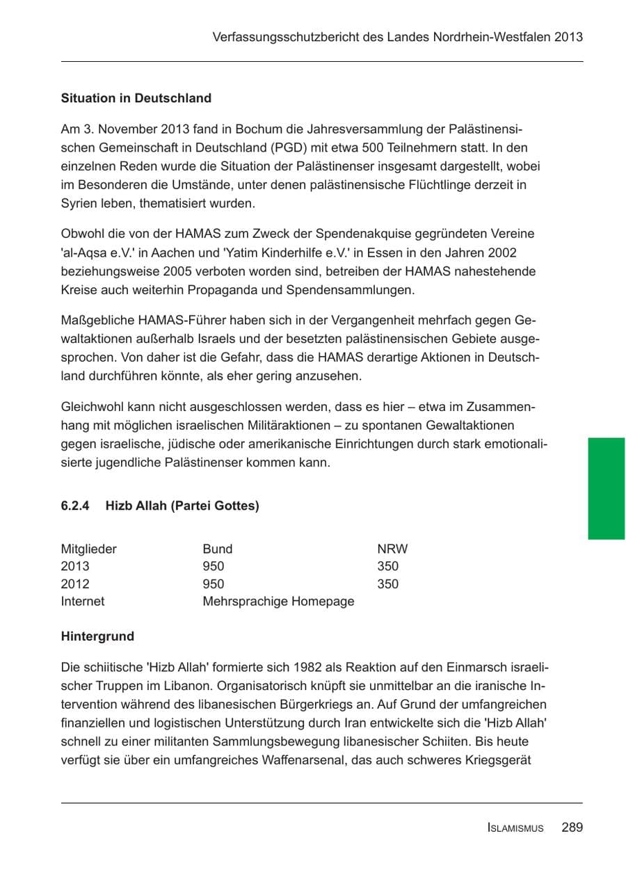 Seite 291 des Verfassungsschutzbericht 2013 Nordrhein-Westfalen