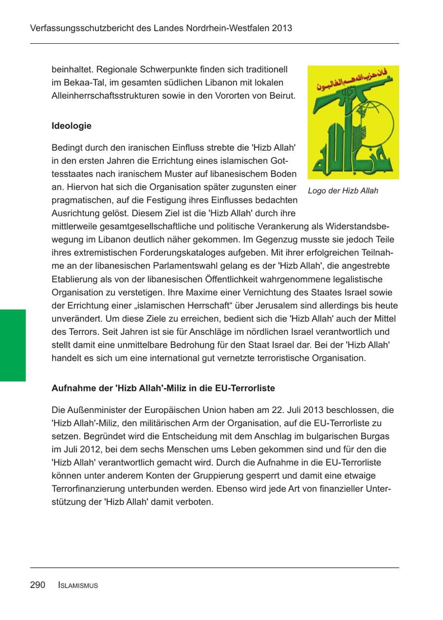 Seite 292 des Verfassungsschutzbericht 2013 Nordrhein-Westfalen